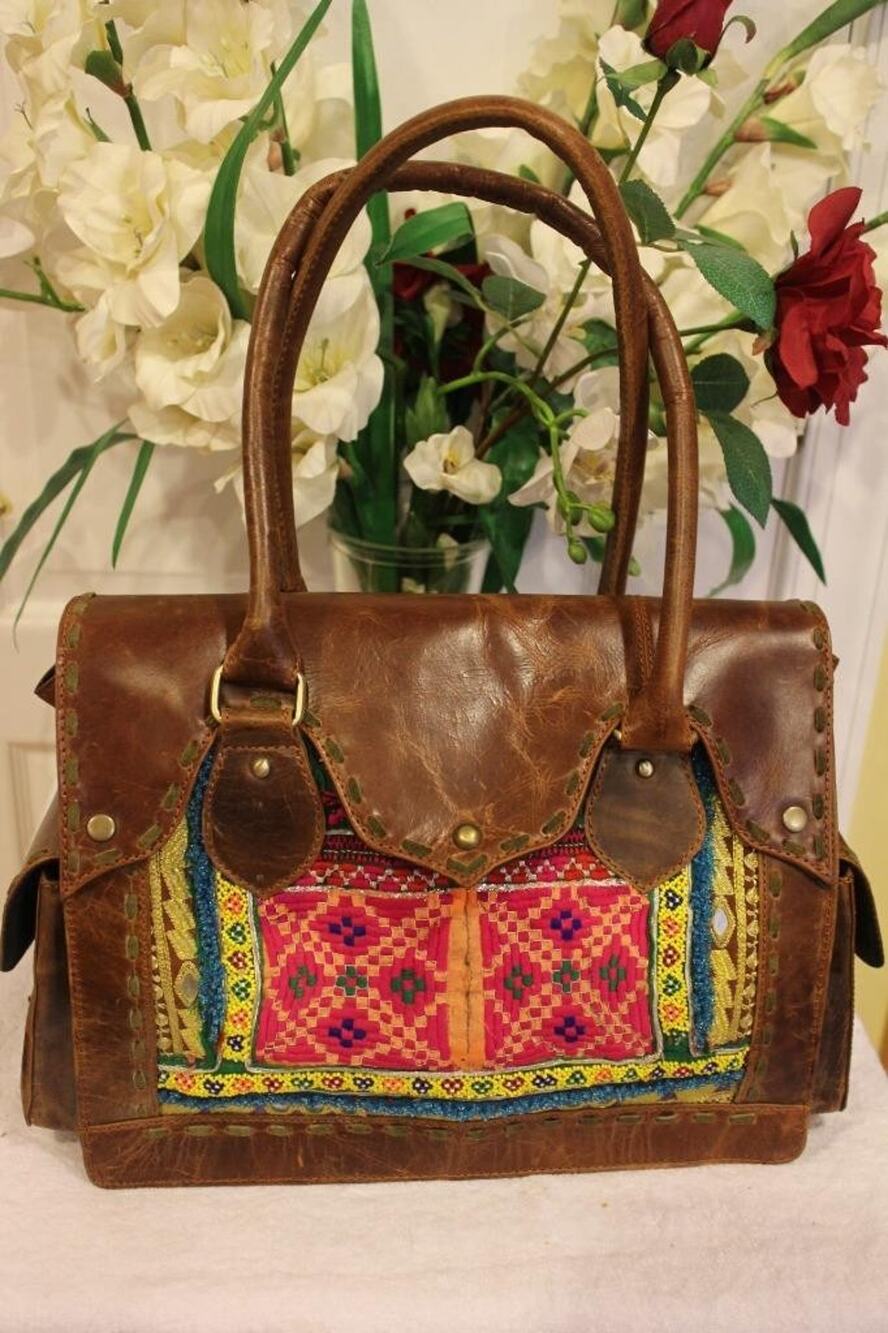 Vintage & Addiction brown leahter artistan fabric bag purse (30000
